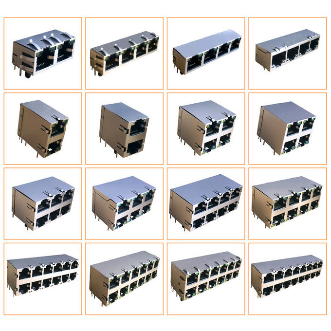 8P8C rj 45 ethernet connector jack modular 2ports vertical through hole with shielded with led emi finger