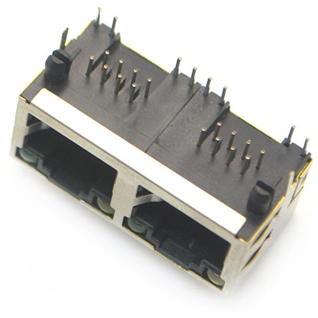 8P8C rj 45 ethernet connector jack modular 2ports vertical through hole with shielded with led emi finger